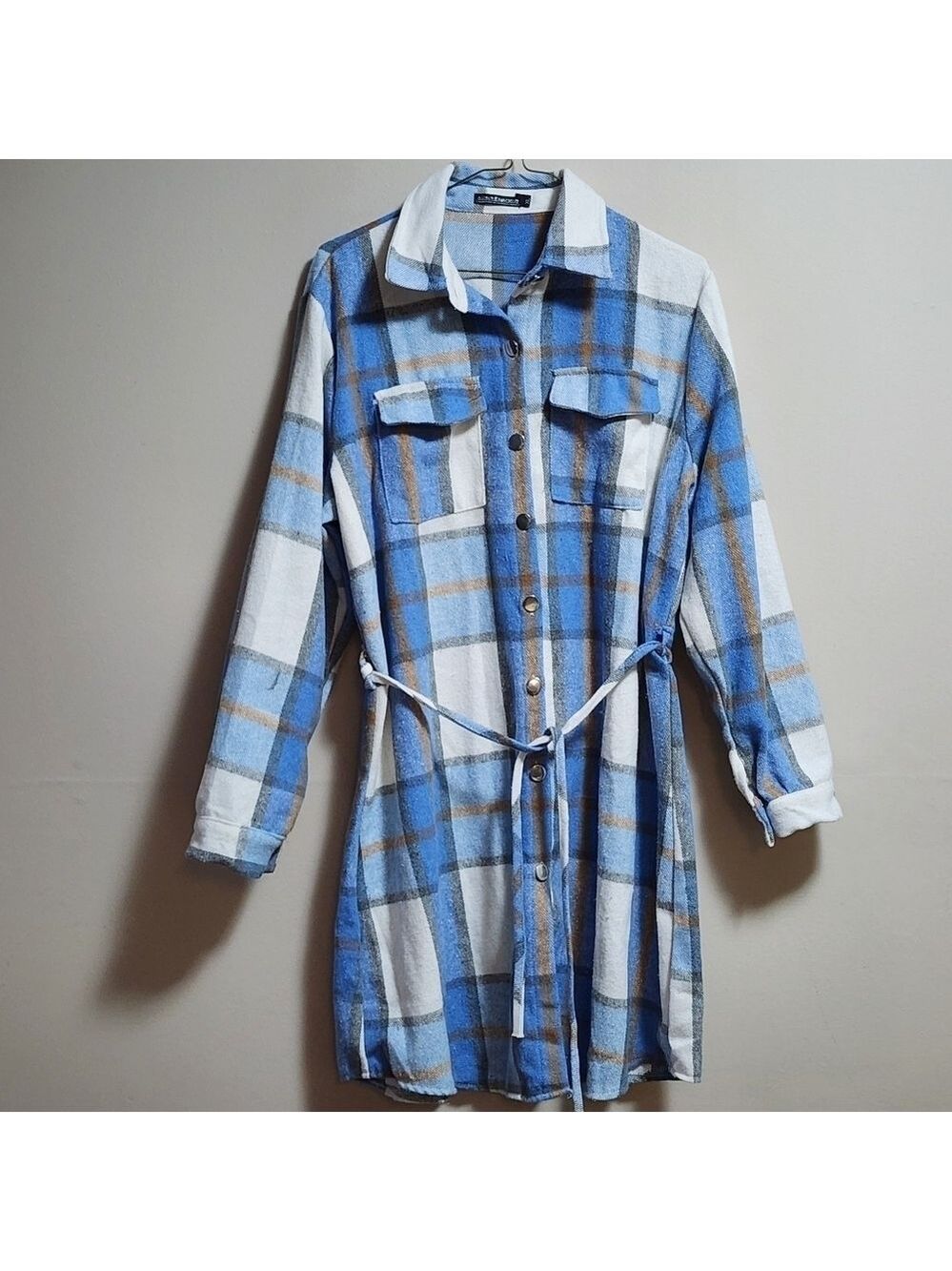 Alina's exclusive plaid shoulder flannel coat color, l blue & brown size ,L ,XL